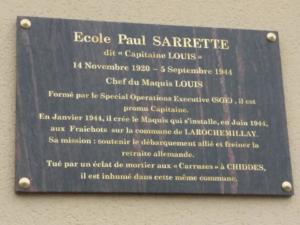 Plaque commémorative Paul SARRETTE sur le mur de l'école de Chiddes inaugurée le 6 avril 2019